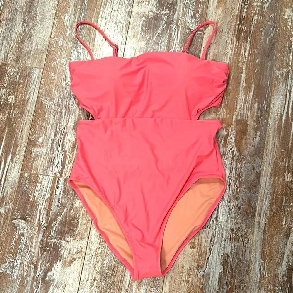 NWT J. Crew Vibrant Coral One Piece Swimsuit removable Straps & Stylish Cut-outs